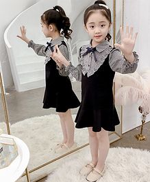 Pre Order - Awabox Bow Detailed On Collar Long Sleeves Checked Dress - Black Pre Order - Awabox Bow Detailed On Collar Long Sleeves Checked Dress - Black