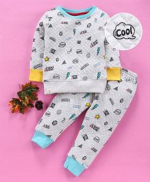 Ollypop Full Sleeves Tee & Lounge Pants Set Multi Print - Grey Ollypop Full Sleeves Tee & Lounge Pants Set Multi Print - Grey