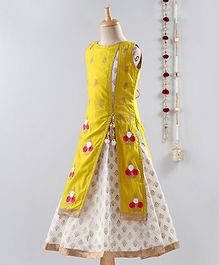Dhyana Fashions Flower Embroidered Sleeveless Attached Jacket With Gown - Yellow & White Dhyana Fashions Flower Embroidered Sleeveless Attached Jacket With Gown - Yellow & White