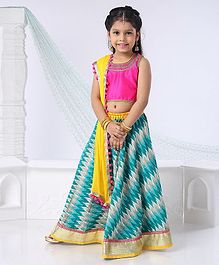Kids Chakra Lace Detailed Sleeveless Choli With Geometric Print Lehenga & Dupatta - Pink & Blue Kids Chakra Lace Detailed Sleeveless Choli With Geometric Print Lehenga & Dupatta - Pink & Blue