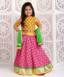 Kids Chakra All Over Floral Butti Print Half Sleeves Cold Shoulder Choli With Lehenga & Dupatta - Pink Kids Chakra All Over Floral Butti Print Half Sleeves Cold Shoulder Choli With Lehenga & Dupatta - Pink