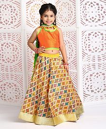 Kids Chakra Sleeveless Choli With Geometric Print Lehenga & Pom Pom Lace Detailed Dupatta - Orange Kids Chakra Sleeveless Choli With Geometric Print Lehenga & Pom Pom Lace Detailed Dupatta - Orange