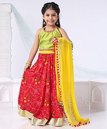 Kids Chakra Lace Detailed Sleeveless Choli With Floral Print Lehenga & Pom Pom Lace Detailed Dupatta - Red Kids Chakra Lace Detailed Sleeveless Choli With Floral Print Lehenga & Pom Pom Lace Detailed Dupatta - Red