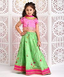 Kids Chakra Floral Print Half Sleeves Choli With Lehenga & Dupatta - Green Kids Chakra Floral Print Half Sleeves Choli With Lehenga & Dupatta - Green