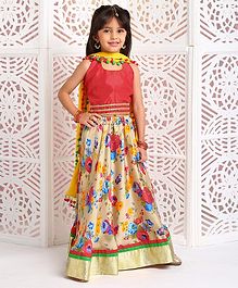 Kids Chakra Sleeveless Choli With Floral Print Lehenga & Pom Pom Lace Detailed Dupatta - Red Kids Chakra Sleeveless Choli With Floral Print Lehenga & Pom Pom Lace Detailed Dupatta - Red