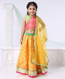 Kids Chakra Sleeveless Choli With Motif Print Lehenga & Pom Pom Lace Detailed Dupatta - Yellow Kids Chakra Sleeveless Choli With Motif Print Lehenga & Pom Pom Lace Detailed Dupatta - Yellow