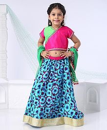 Kids Chakra Half Sleeves Choli With Flower Print Lehenga & Pom Pom Lace Detailed Dupatta - Blue Kids Chakra Half Sleeves Choli With Flower Print Lehenga & Pom Pom Lace Detailed Dupatta - Blue