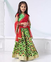Kids Chakra Half Sleeves Choli With Flower Print Lehenga & Pom Pom Lace Detailed Dupatta - Green Kids Chakra Half Sleeves Choli With Flower Print Lehenga & Pom Pom Lace Detailed Dupatta - Green
