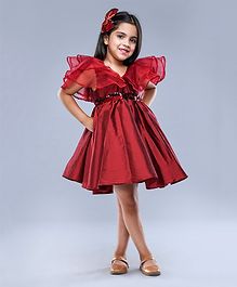 Jelly Jones Ruffled Half Sleeves Sequin Belt Detailed Dress - Maroon Jelly Jones Ruffled Half Sleeves Sequin Belt Detailed Dress - Maroon