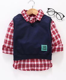 Lekeer Kids Full Sleeves Checked Shirt With Sweater - Red Lekeer Kids Full Sleeves Checked Shirt With Sweater - Red