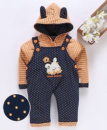 U R Cute Full Sleeves Striped Hooded Jacket With Polka Dot Print Dungaree - Blue U R Cute Full Sleeves Striped Hooded Jacket With Polka Dot Print Dungaree - Blue