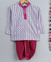 Kidcetra Zig Zag Print Full Sleeves Kurta With Mirror Work Lace Detailed Dhoti - Pink & Light Blue Kidcetra Zig Zag Print Full Sleeves Kurta With Mirror Work Lace Detailed Dhoti - Pink & Light Blue