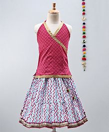 Kidcetra Golden Lace Detailed Sleeveless Choli With Zig Zag Print Lehenga - Pink & Blue Kidcetra Golden Lace Detailed Sleeveless Choli With Zig Zag Print Lehenga - Pink & Blue