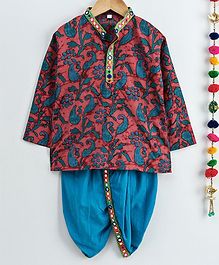 Kidcetra Paisley Print Full Sleeves Kurta With Mirror Work Lace Detailed Dhoti - Blue & Red Kidcetra Paisley Print Full Sleeves Kurta With Mirror Work Lace Detailed Dhoti - Blue & Red