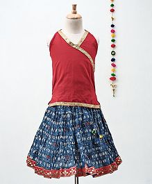 Kidcetra Golden Lace Detailed Sleeveless Choli With Printed Lehenga - Red & Blue Kidcetra Golden Lace Detailed Sleeveless Choli With Printed Lehenga - Red & Blue
