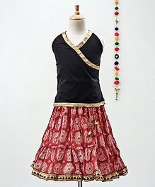 Kidcetra Golden Lace Detailed Sleeveless Choli With Circle Print Lehenga - Black & Red Kidcetra Golden Lace Detailed Sleeveless Choli With Circle Print Lehenga - Black & Red