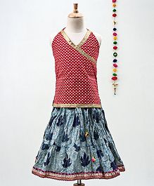 Kidcetra Diamond Print Sleeveless Choli With Lehenga - Red & Blue Kidcetra Diamond Print Sleeveless Choli With Lehenga - Red & Blue