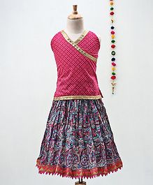 Kidcetra Flower Print Sleeveless Choli With Lehenga - Pink & Blue Kidcetra Flower Print Sleeveless Choli With Lehenga - Pink & Blue