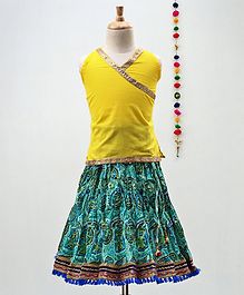 Kidcetra Golden Lace Detailed Sleeveless Choli With Contrast Lehenga - Yellow & Green Kidcetra Golden Lace Detailed Sleeveless Choli With Contrast Lehenga - Yellow & Green