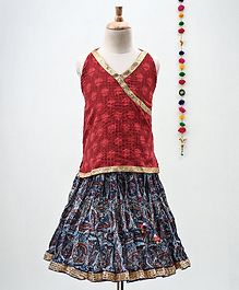 Kidcetra Dots Print Sleeveless Choli With Lehenga - Red & Blue Kidcetra Dots Print Sleeveless Choli With Lehenga - Red & Blue