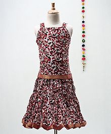 Kidcetra Flower Print Sleeveless Choli With Lehenga - Maroon Kidcetra Flower Print Sleeveless Choli With Lehenga - Maroon