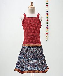 Kidcetra Dots Print Sleeveless Choli With Lehenga - Red & Blue Kidcetra Dots Print Sleeveless Choli With Lehenga - Red & Blue