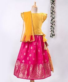 Meringue Cap Sleeves Checked Choli With Motif Print Lehenga & Dupatta Set - Yellow & Pink Meringue Cap Sleeves Checked Choli With Motif Print Lehenga & Dupatta Set - Yellow & Pink