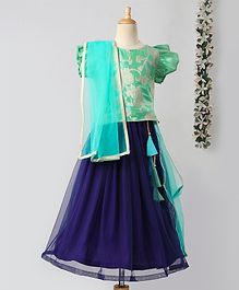 Meringue Cap Sleeves Brocade Choli With Lehenga & Dupatta Set - Green & Blue Meringue Cap Sleeves Brocade Choli With Lehenga & Dupatta Set - Green & Blue