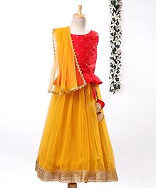 Meringue Sleeveless Butta Work Choli With Lehenga & Dupatta Set - Red & Yellow Meringue Sleeveless Butta Work Choli With Lehenga & Dupatta Set - Red & Yellow