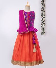 Meringue Sleeveless Motif Pattern Choli With Lehenga & Dupatta Set - Purple & Orange Meringue Sleeveless Motif Pattern Choli With Lehenga & Dupatta Set - Purple & Orange