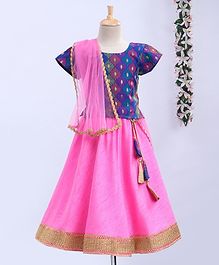Meringue Short Sleeves Motif Pattern Choli With Contrast Lehenga & Dupatta Set - Blue & Pink Meringue Short Sleeves Motif Pattern Choli With Contrast Lehenga & Dupatta Set - Blue & Pink