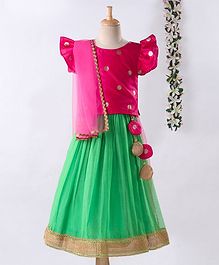 Meringue Cap Sleeves Butta Work Choli With Lehenga & Dupatta Set - Pink & Blue Meringue Cap Sleeves Butta Work Choli With Lehenga & Dupatta Set - Pink & Blue