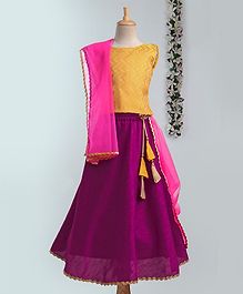 Meringue Sleeveless Brocade Choli With Lehenga & Dupatta Set - Yellow & Purple Meringue Sleeveless Brocade Choli With Lehenga & Dupatta Set - Yellow & Purple