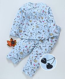 Ollypop Full Sleeves Printed Night Suit - Blue Ollypop Full Sleeves Printed Night Suit - Blue