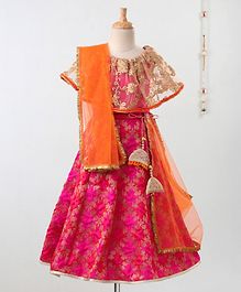 Pspeaches Flower Self Design Half Sleeves Choli With Lehenga & Dupatta - Pink Pspeaches Flower Self Design Half Sleeves Choli With Lehenga & Dupatta - Pink