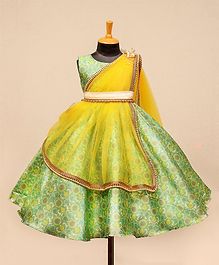 Li&Li Boutique Flower Printed Sleeveless Dress With Pearl Lace Detailed Net Dupatta - Green & Yellow Li&Li Boutique Flower Printed Sleeveless Dress With Pearl Lace Detailed Net Dupatta - Green & Yellow