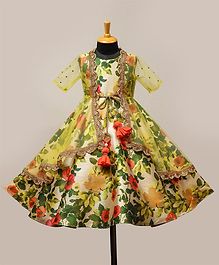Li&Li Boutique Flower Printed Sleeveless Dress With Lace Detailed Net Jacket - Green Li&Li Boutique Flower Printed Sleeveless Dress With Lace Detailed Net Jacket - Green