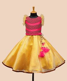 Li&Li Boutique Ruffled Sleeveless Pearl Embellished Choli With Checked Embroidery Lehenga - Pink & Yellow Li&Li Boutique Ruffled Sleeveless Pearl Embellished Choli With Checked Embroidery Lehenga - Pink & Yellow