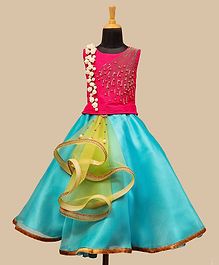 Li&Li Boutique Flower & Pearl Applique Sleeveless Choli & Lehenga - Pink & Light Blue Li&Li Boutique Flower & Pearl Applique Sleeveless Choli & Lehenga - Pink & Light Blue