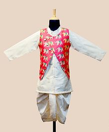 Li&Li Boutique Full Sleeves Kurta & Dhoti With Elephant Print Jacket - Pink & Off White Li&Li Boutique Full Sleeves Kurta & Dhoti With Elephant Print Jacket - Pink & Off White