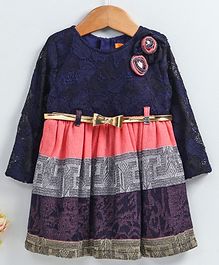 Yellow Duck Flower Embroidered Full Sleeves Dress - Navy Blue Yellow Duck Flower Embroidered Full Sleeves Dress - Navy Blue