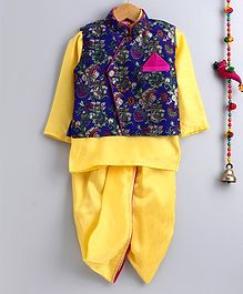 KID1 Full Sleeves Kurta With Floral Print Jacket & Dhoti - Blue & Yellow KID1 Full Sleeves Kurta With Floral Print Jacket & Dhoti - Blue & Yellow