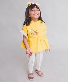 Tiber Taber Elephant Embroidered Half Sleeves Top With Pants - Yellow & White Tiber Taber Elephant Embroidered Half Sleeves Top With Pants - Yellow & White