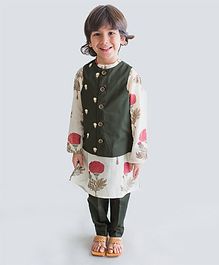Tiber Taber Flower Printed Full Sleeves Kurta With Jacket & Pyjama - Off White Tiber Taber Flower Printed Full Sleeves Kurta With Jacket & Pyjama - Off White
