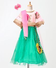 Chhota Bheem By Green Gold Rose Print Half Sleeves Cape Choli With Chutki Character Patch Detailed Lehenga & Dupatta With Bow Hair Clip - Turquoise & Pink Chhota Bheem By Green Gold Rose Print Half Sleeves Cape Choli With Chutki Character Patch Detailed Lehenga & Dupatta With Bow Hair Clip - Turquoise & Pink