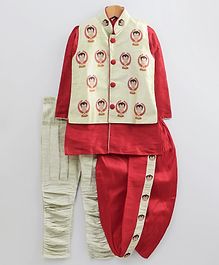 Chhota Bheem By Green Gold Full Sleeves Kurta With Chhota Bheem Printed Jacket With Pajama & Dhoti - Red Chhota Bheem By Green Gold Full Sleeves Kurta With Chhota Bheem Printed Jacket With Pajama & Dhoti - Red