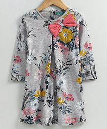 Tiara Floral Print Full Sleeves Bow Applique Dress - Grey Tiara Floral Print Full Sleeves Bow Applique Dress - Grey