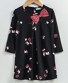 Tiara Floral Print Full Sleeves Bow Applique Dress - Black Tiara Floral Print Full Sleeves Bow Applique Dress - Black