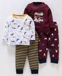 Kidi Wav Dinosaur & Striped Pack Of Two Tees Full Sleeves Tee With Pack Of Two Pyjama - Maroon Kidi Wav Dinosaur & Striped Pack Of Two Tees Full Sleeves Tee With Pack Of Two Pyjama - Maroon