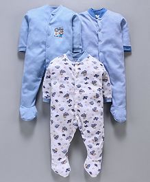 Kidi Wav Full Sleeves Pack Of Three Striped & Rocket Print Sleep Suits - Blue Kidi Wav Full Sleeves Pack Of Three Striped & Rocket Print Sleep Suits - Blue